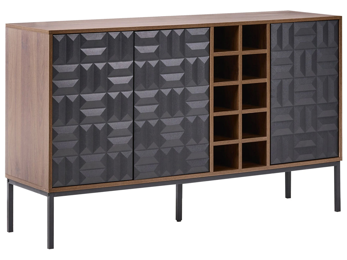 Sideboard Dark Brown 3 Door Shelf Wine Rack MDF Metal Legs Storage Geometric Pattern Living Room Beliani