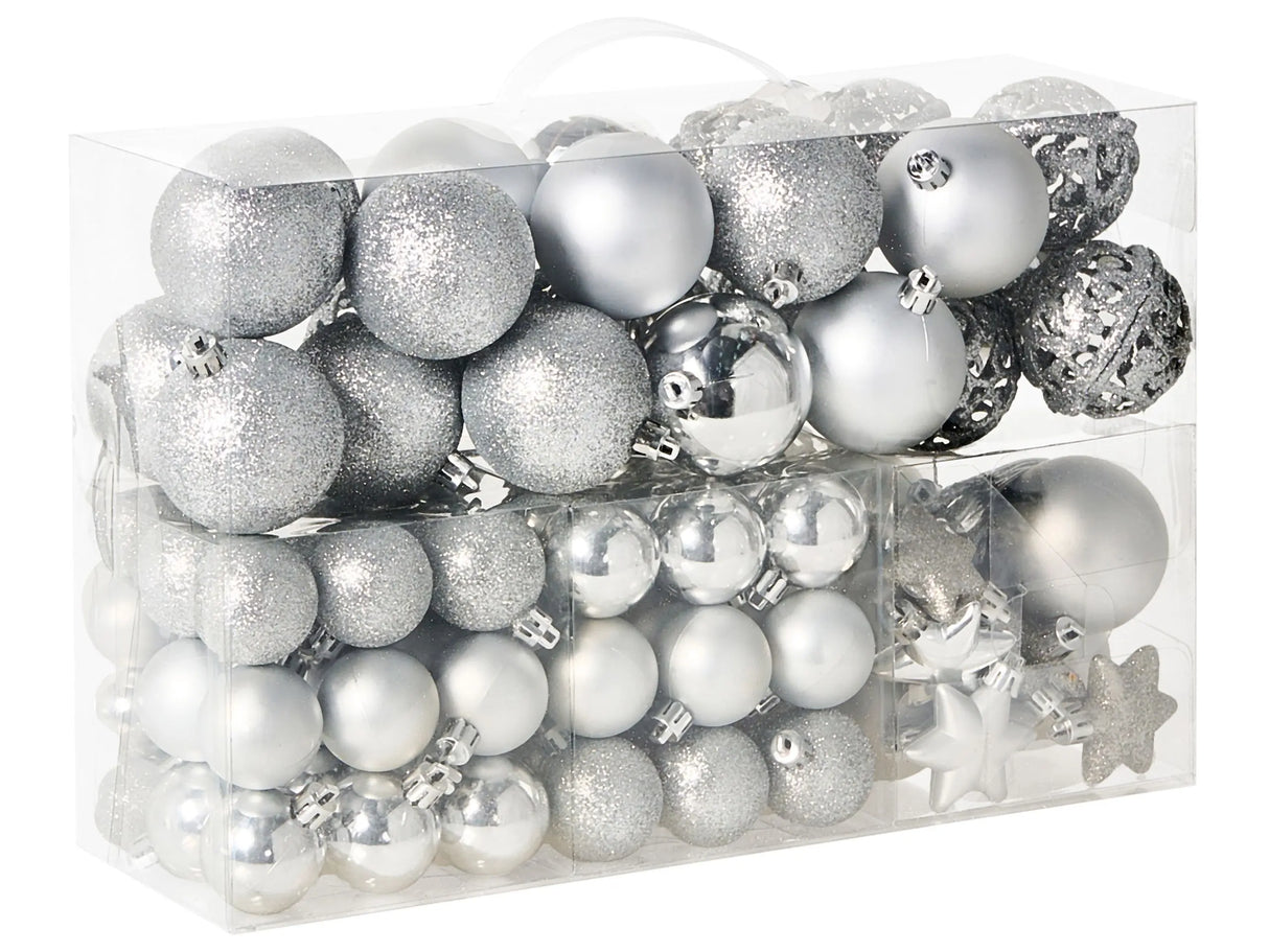 Set of 102 Christmas Baubles Silver Plastic Hanging Decor Traditional Style Holiday Tree Different Shapes Beliani