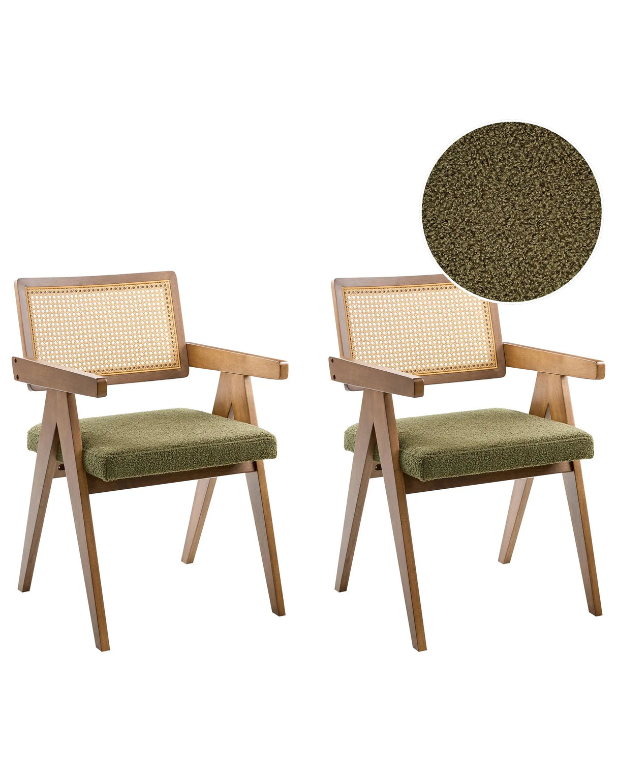 Set of 2 Dining Chairs Dark Brown and Green Boucle Upholstery Rubberwood Frame Retro Dining Room Kitchen Beliani