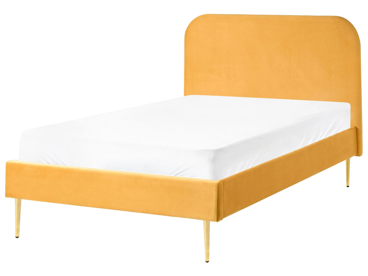Bed Yellow Velvet Upholstery EU Small Double Size Golden Legs Headboard Slatted Frame 4ft Minimalist Design Beliani