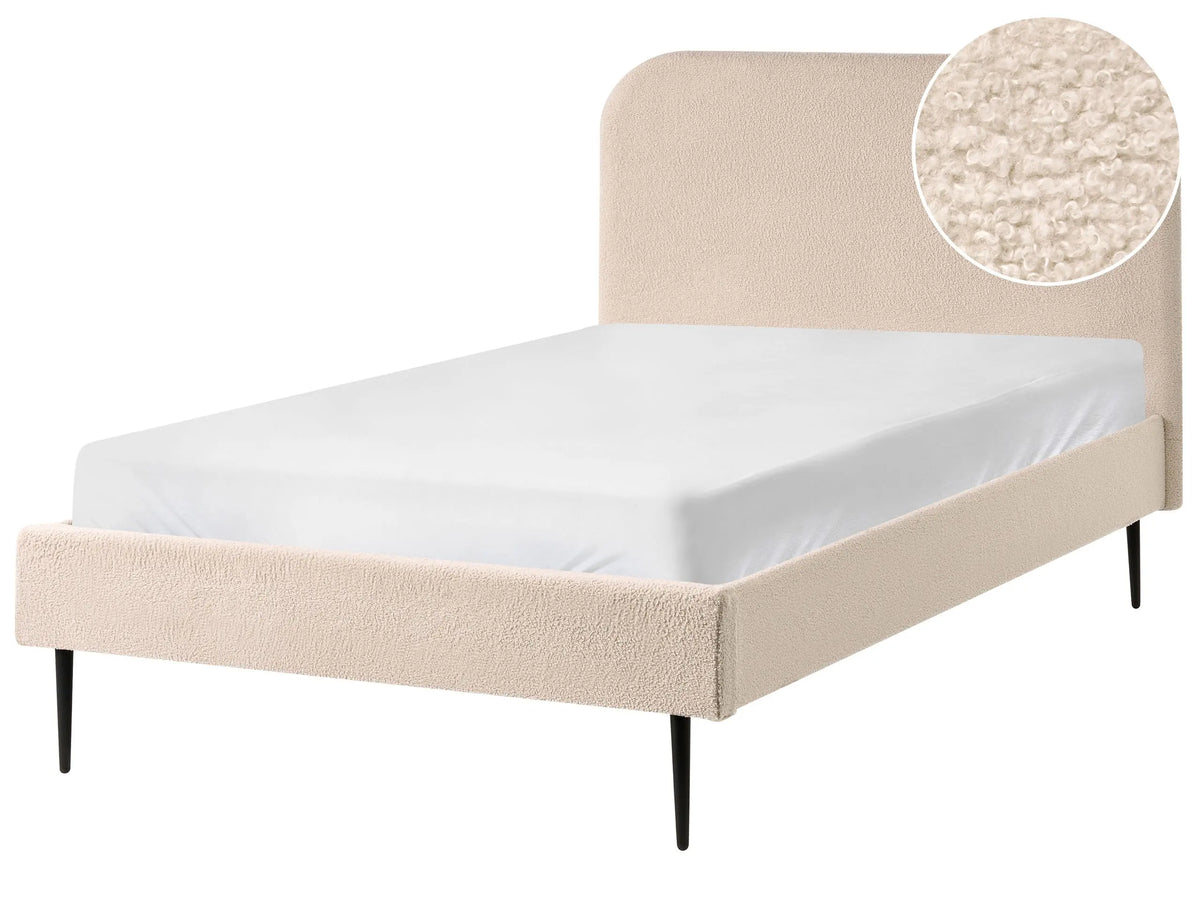 Bed Beige Boucle Upholstery EU Small Double Size 4ft Headboard Slatted Base Frame Black Legs Minimalist Design Beliani
