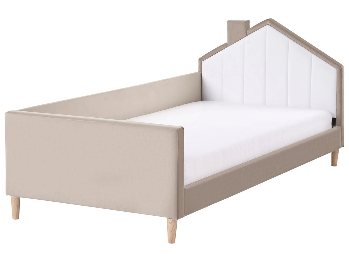 Bed Taupe and White Velvet Upholstered Frame Headrest 3ft EU Single Size Bedroom Kids Room Modern Traditional Beliani