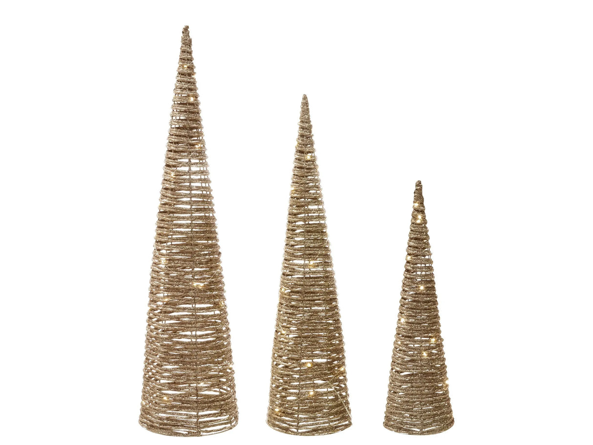 Indoor LED Decoration Gold Set of 3 Christmas Trees Synthetic Material Seasonal Home Dcor with Lights Beliani