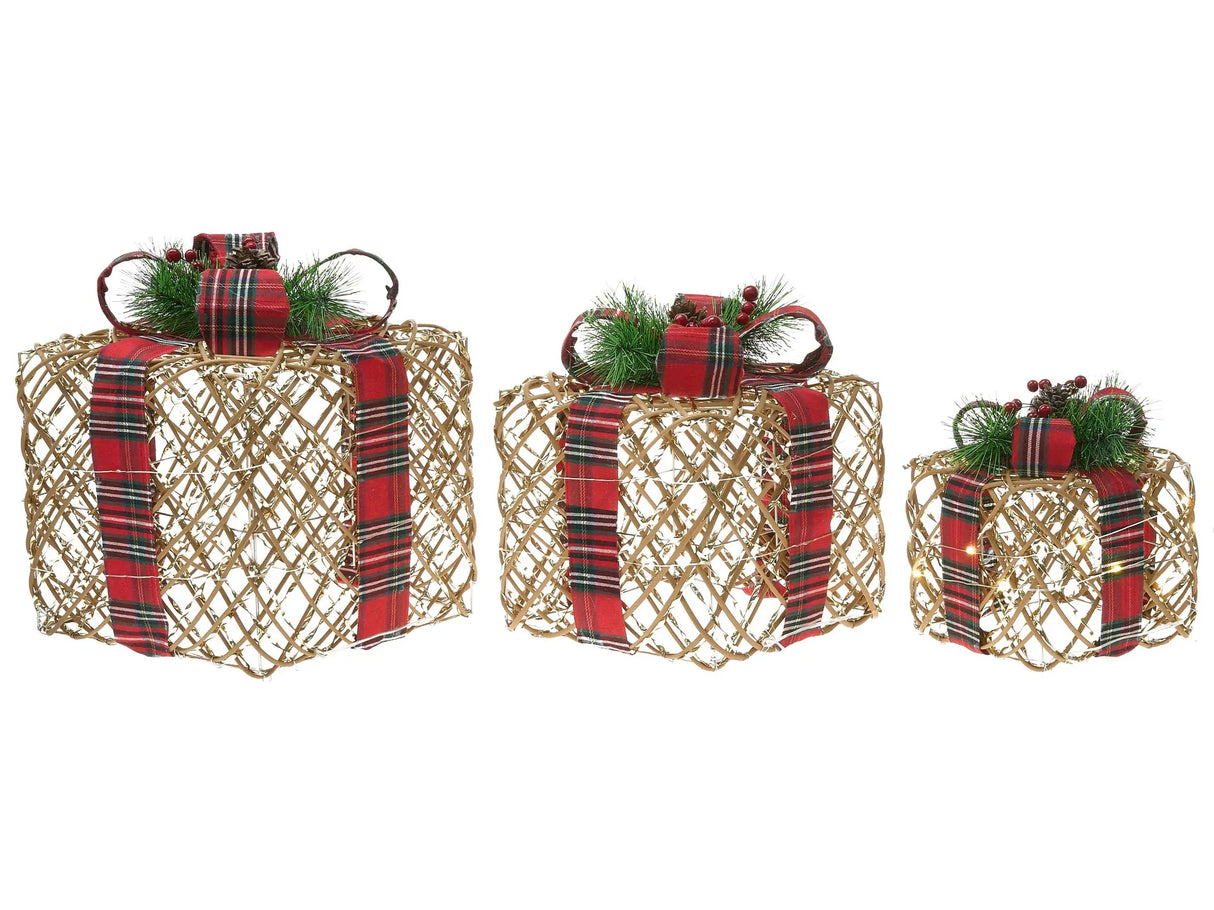 Set of 3 Light-Up Christmas Gift Boxes Brown with LED Lights Holiday Decorations with Bows for Indoor Use Beliani