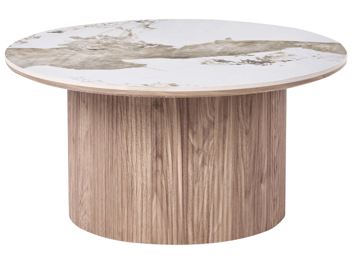 Coffee Table Brown MDF Base 80 cm Ribbed Leg Ceramic Top White Marble Modern Design Living Room Beliani