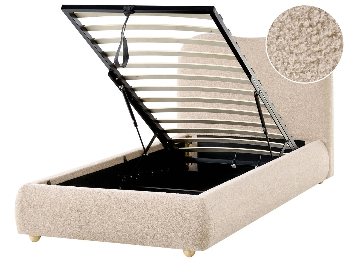 Storage Bed Beige Boucle Fabric EU Single Size 3ft with Headboard Minimalist Modern Design Ottoman Beliani