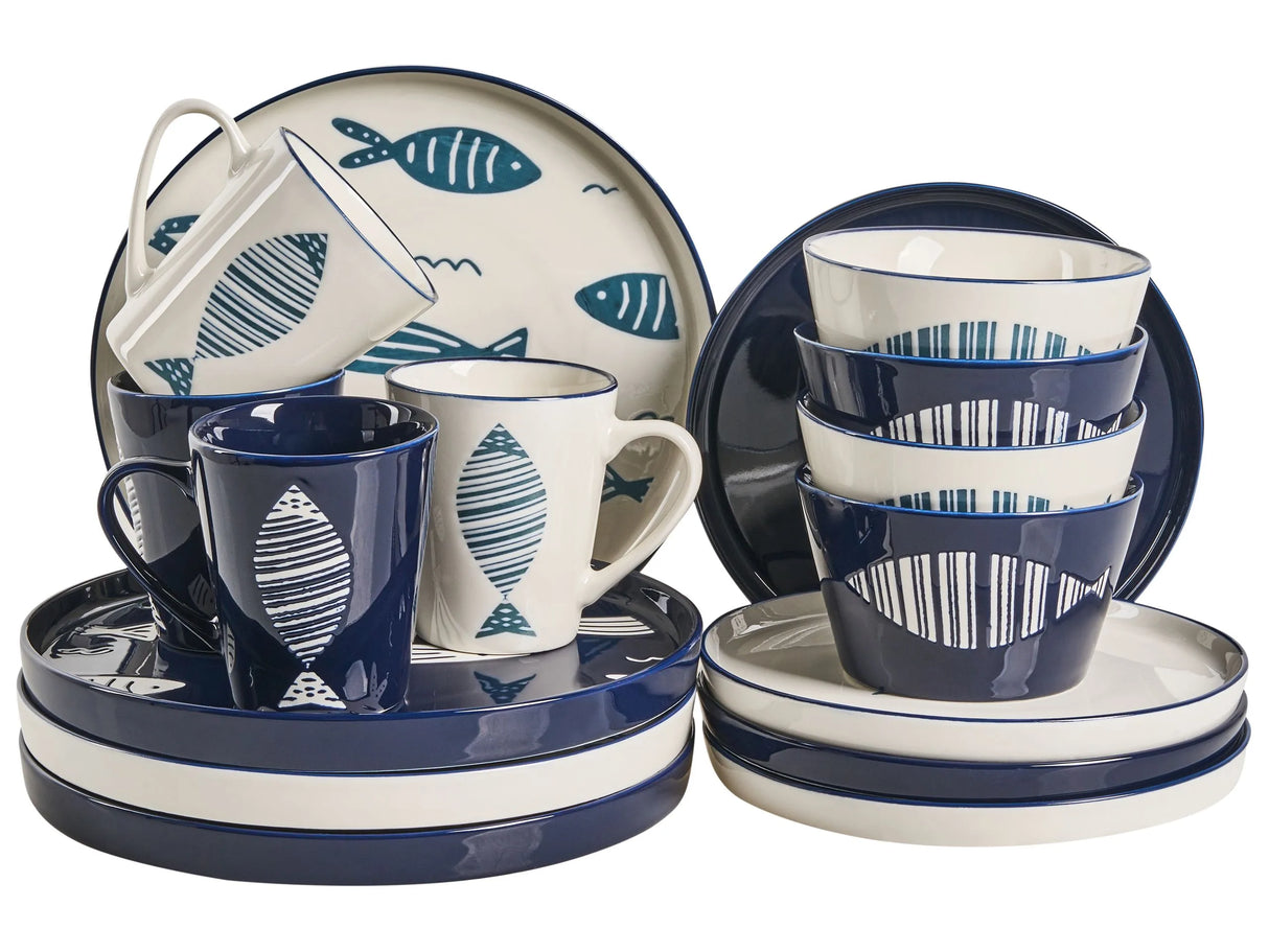 Set of 16 Pieces White and Blue Porcelain Handmade Reactive Glaze Finish Service for 4 People Hammer Effect Fish Motif Kitchen Dining Room Beliani
