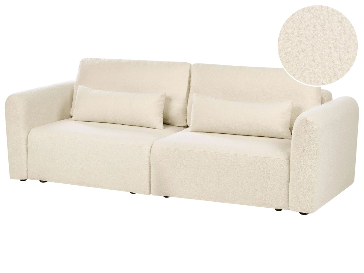 3 Seater Sofa Bed Off-White Boucle Upholstered Sleeping Function Add Pillows Foldable Beliani