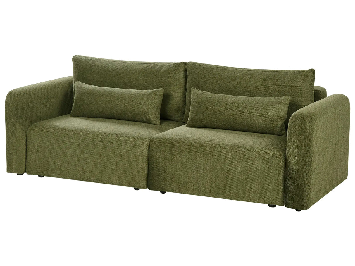 3 Seater Sofa Bed Green Fabric Upholstered Sleeping Function Add Pillows Foldable Beliani