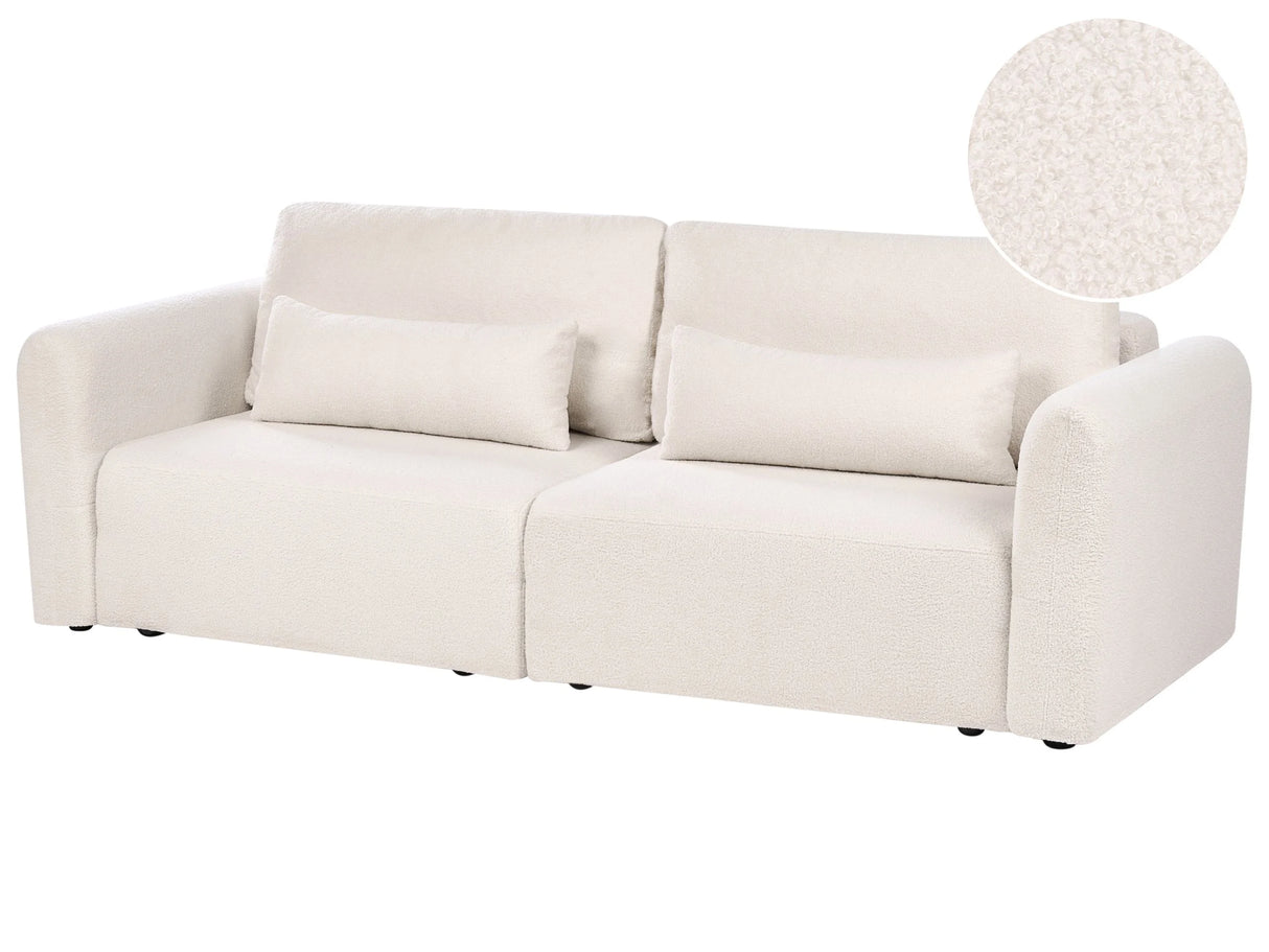 3 Seater Sofa Bed Light Beige Boucle Upholstered Sleeping Function Add Pillows Foldable Beliani