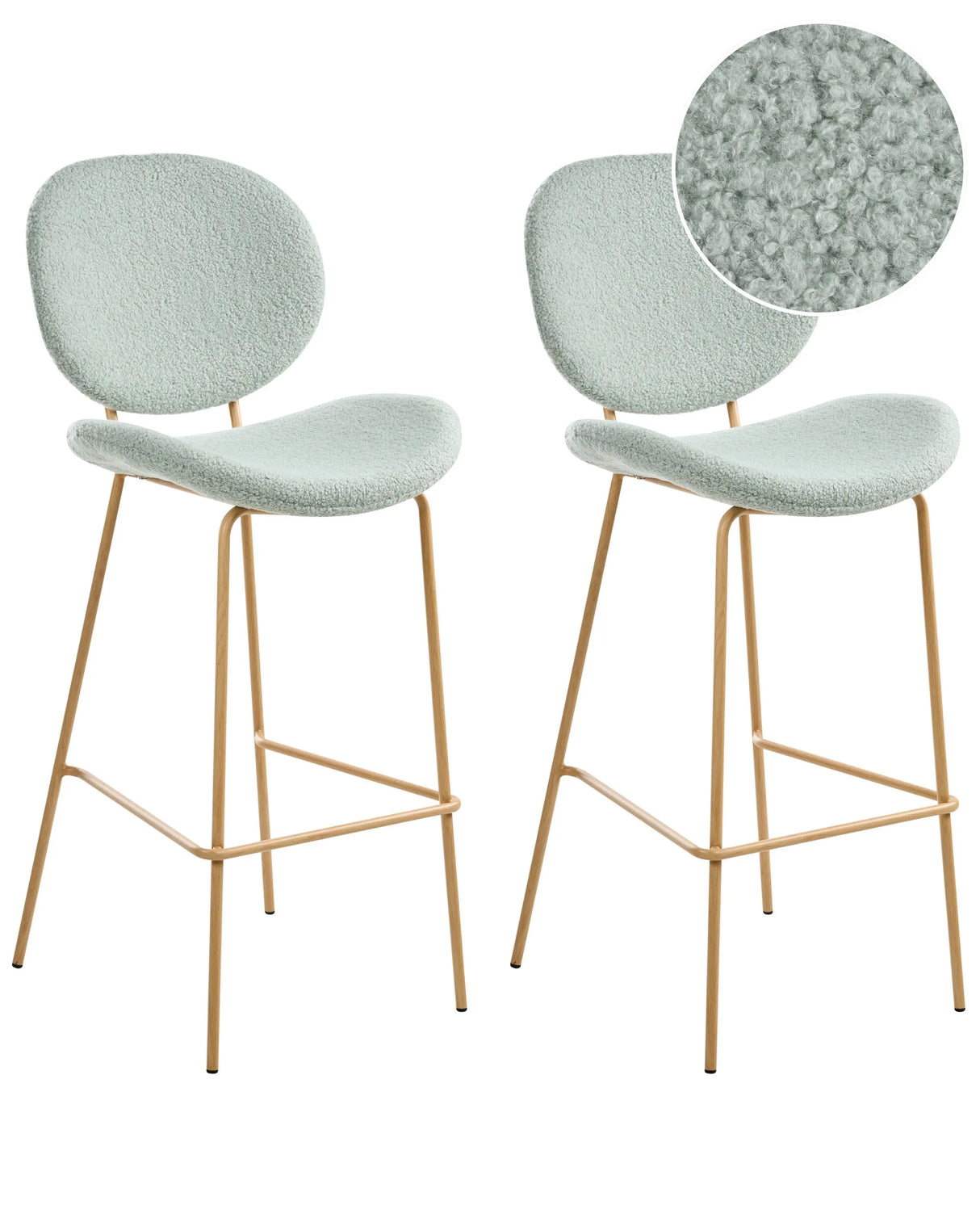 Set of 2 Bar Chairs Light Green Boucle Light Brown Wood-Like Iron Legs Protection Caps Contemporary Retro Design Dining Room Seating Beliani