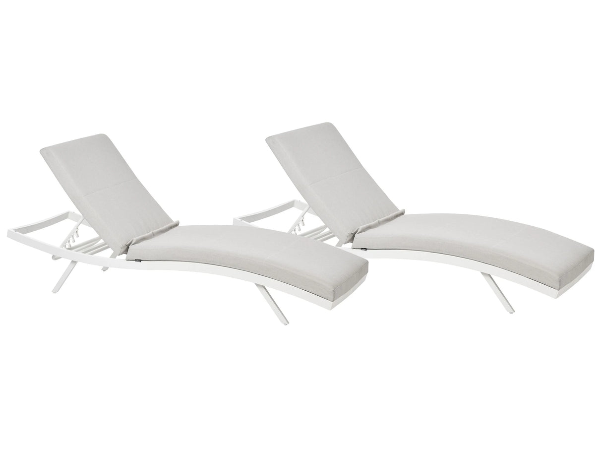 Set of 2 Garden Sun Loungers Light Grey Fabric White Aluminium Frame Adjustable Reclining Backrest Padded with Quick Dry Foam Modern Style Beliani