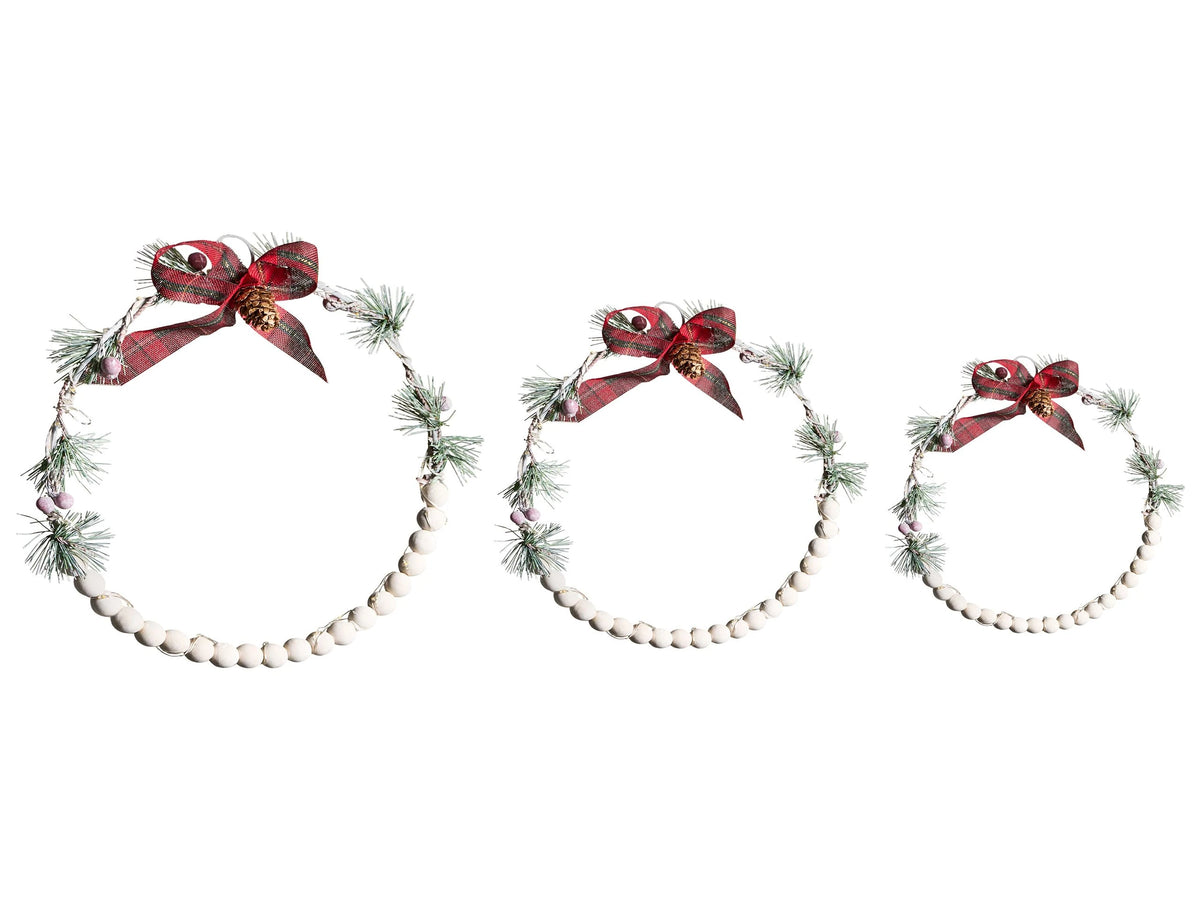Set of 3 Christmas Decorations White Fir Wood LED Light Hanging Wreath Handmade Traditional Beliani