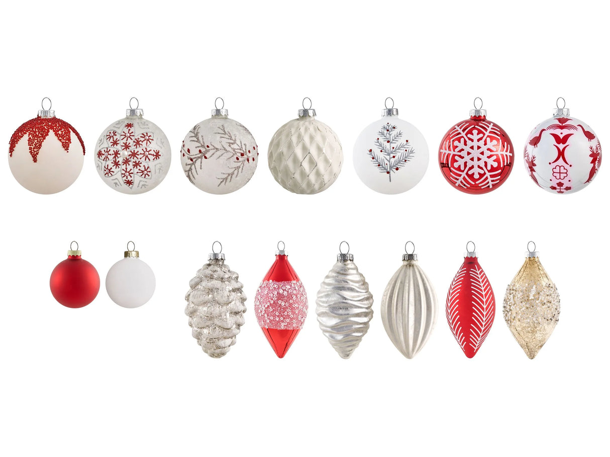 Set of 50 Christmas Baubles Red and White Glass Hanging Decor Traditional Style Christmas Balls Holiday Tree Beliani