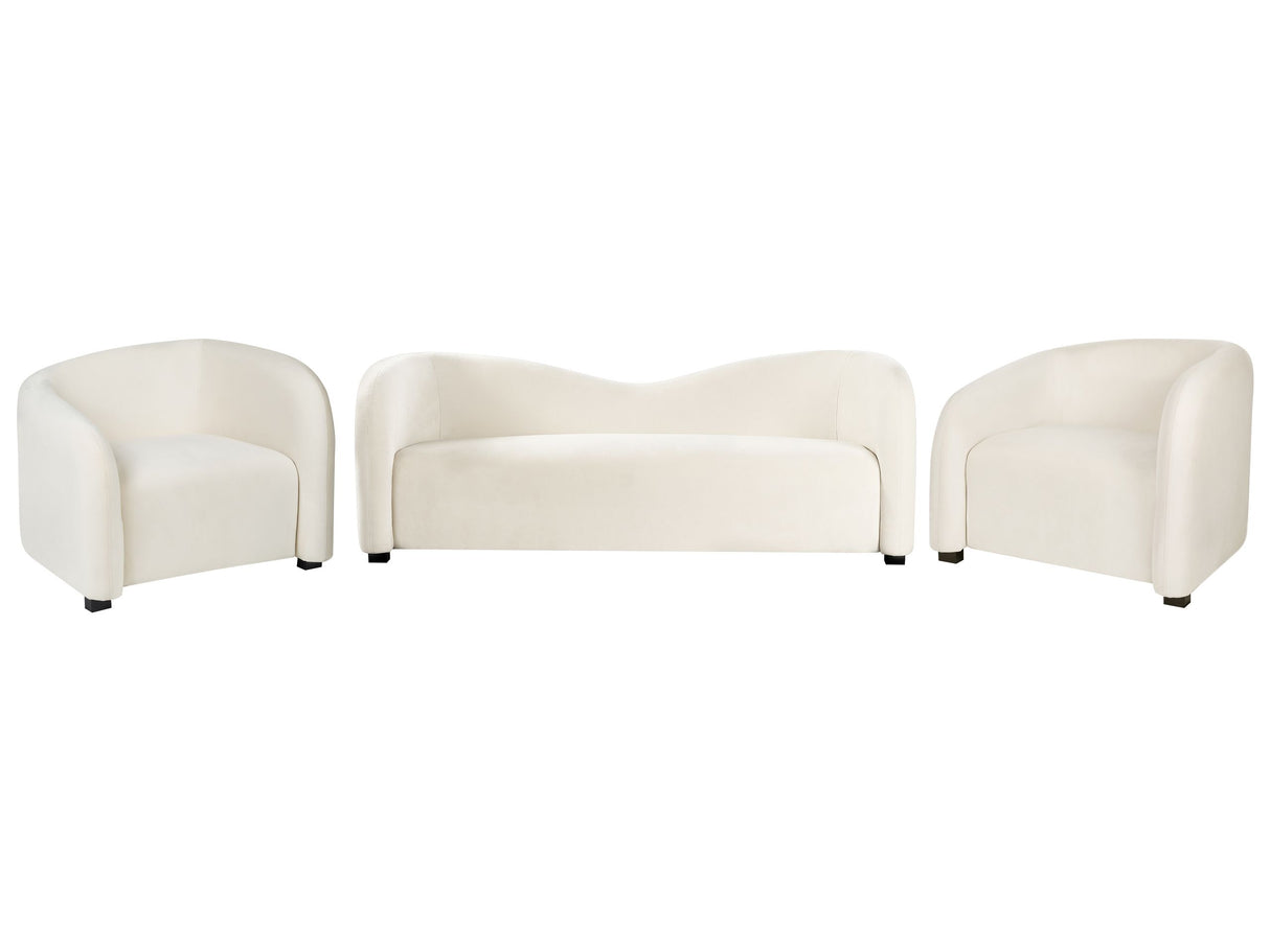 Living Room Set Off-White Velvet Upholstered Front & Back Sofa and Armchairs Curved Backrest Shape Modern Beliani