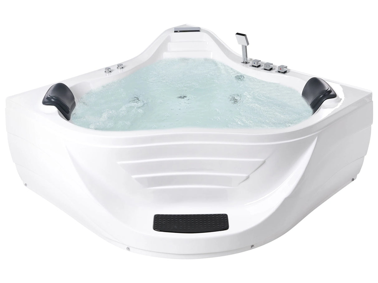 Corner Hot Tub with Hydro Massage White Acrylic Stainless Steel Fittings 2200 x 160 mm Waterfall Headrests 2 Seater Beliani