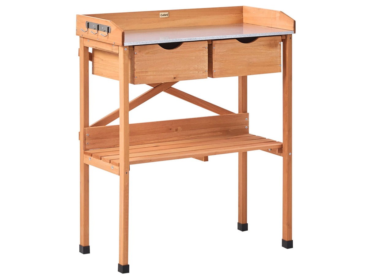 Potting Bench with Storage Light Brown Fir Wood 79 x 37 x 89 cm Galvanised Iron Worktop Practical Garden Table Modern Rustic Beliani
