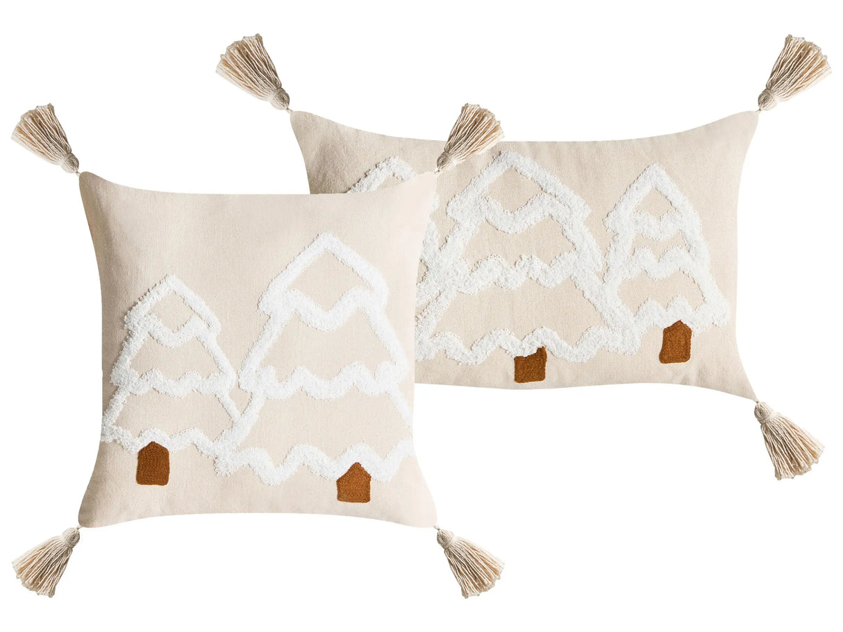 Set of 2 Scatter Cushions Light Beige White Cotton Fabric Decorative Christmas Motif 30/45 x 50/45cm Home Accessory Beliani