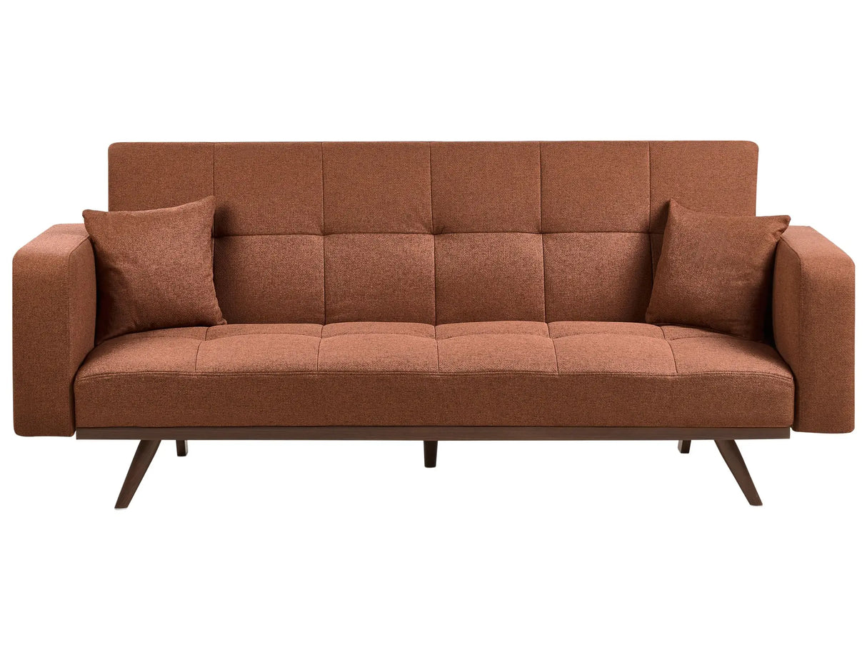 Sofa Bed Golden Brown Polyester Upholstery Tufted 3 Seater Iron Legs Track Armrests Traditional Style Living Room Beliani