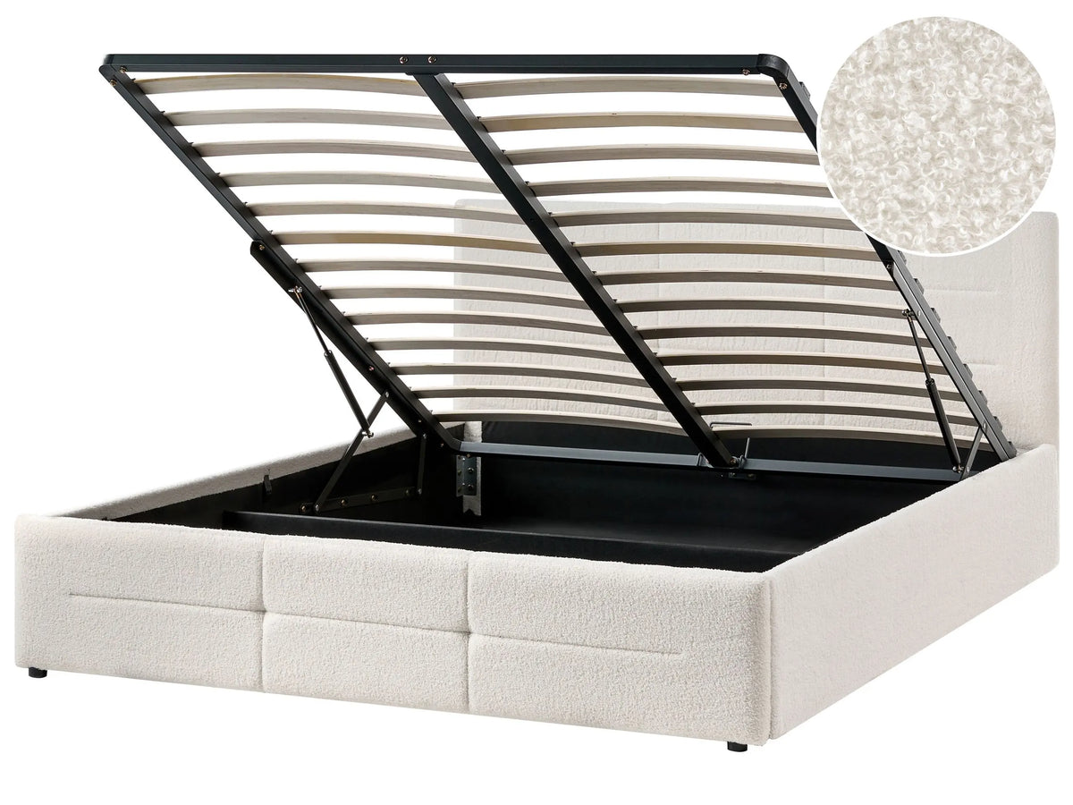 Ottoman Bed Off-White Boucle EU King Size 5ft3 Lift-Up Storage Headboard Slatted Base Modern Design Beliani