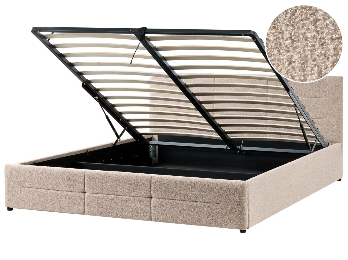 Ottoman Bed Beige Boucle EU Super King Size 6ft Lift-Up Storage Headboard Slatted Base Modern Design Beliani