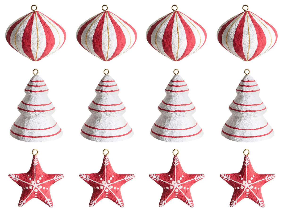 Set of 12 Christmas Tree Ornaments White and Red Papier-Mch Hanging Ornaments Decorations for Xmas Beliani