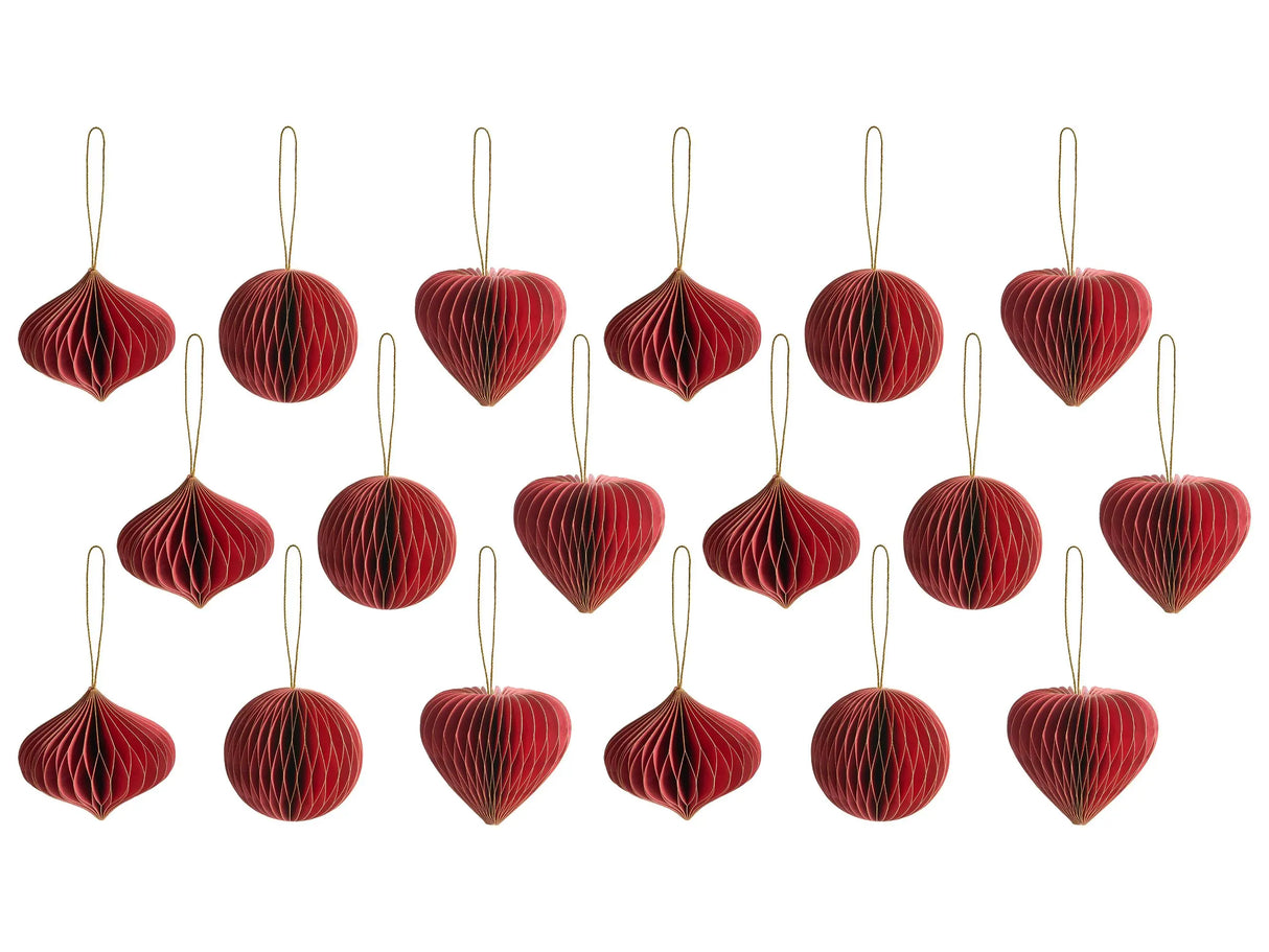 Set of 18 Christmas Baubles Red Honeycomb Paper Hanging Ornaments 3D Decorations for Xmas Beliani