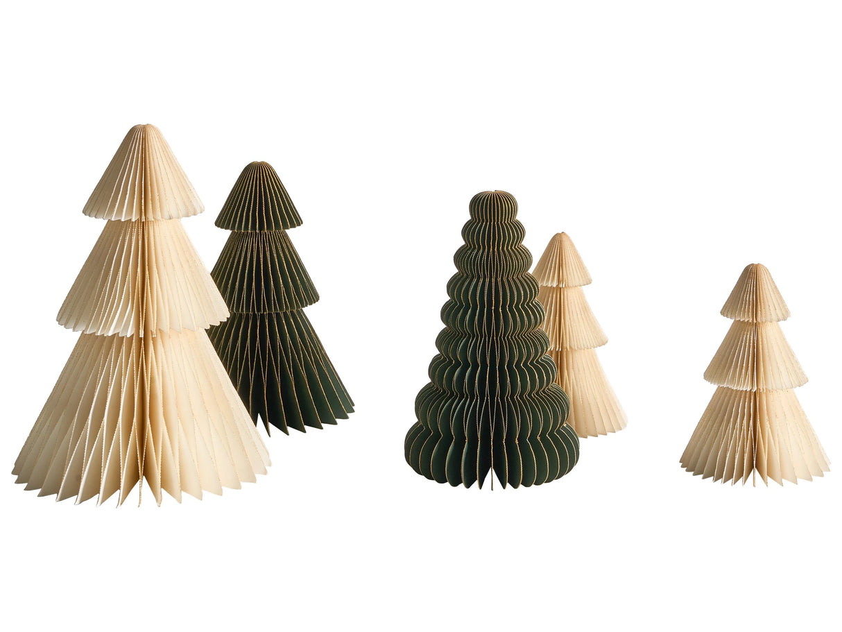 Set of 5 Christmas Trees Figurines Beige and Green Honeycomb Paper 3D Effect Origami Style Festive Motif Beliani