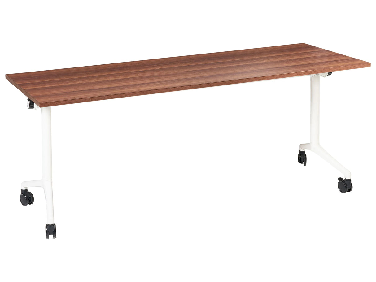 Folding Office Desk Dark Brown and White Metal Frame MFC Tabletop 180 x 60 cm Foldable Portable Mobile Table with Casters Modern Design Beliani