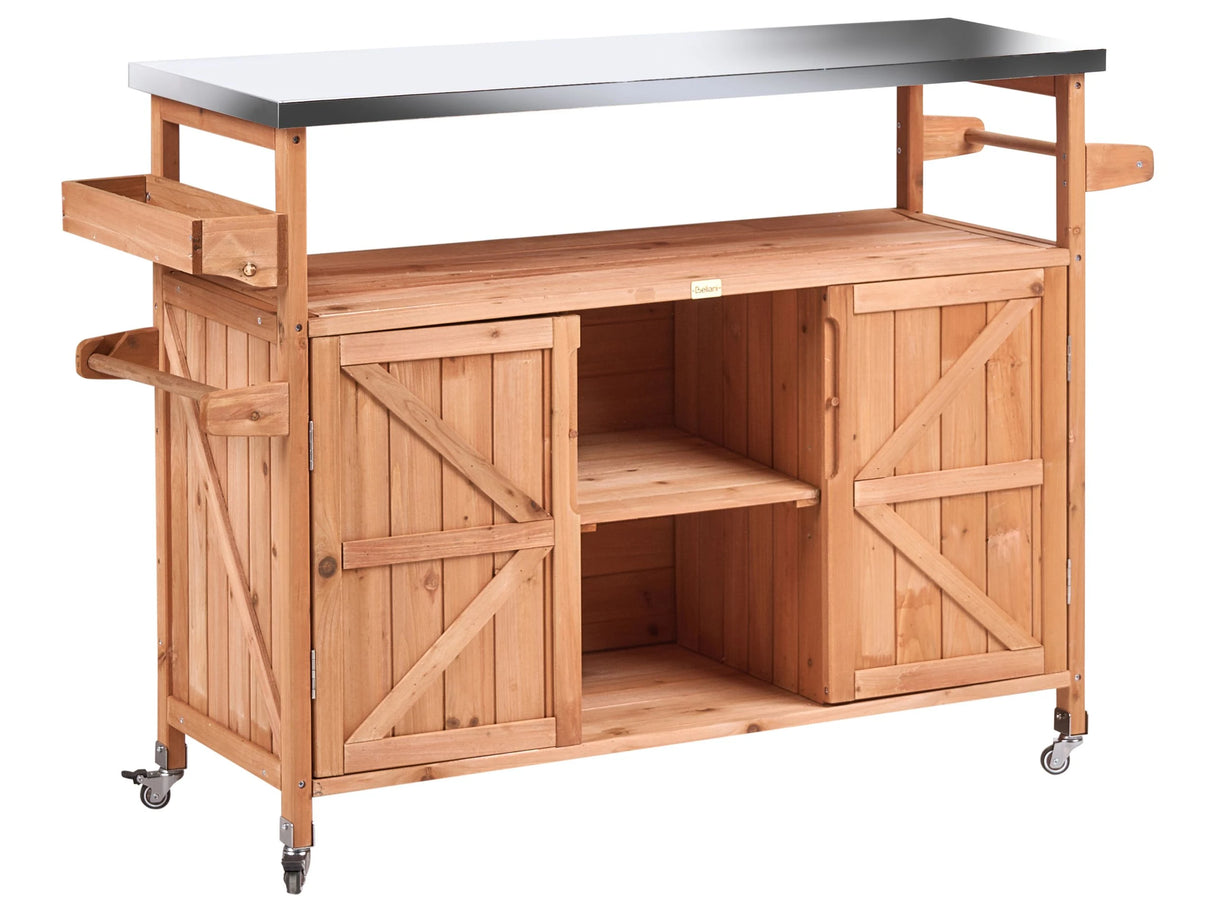 Outdoor Kitchen Island Brown Fir Wood 2 Doors Open Shelves Steel Top 128 x 47 x 85 cm Garden Kitchen with Wheels Beliani