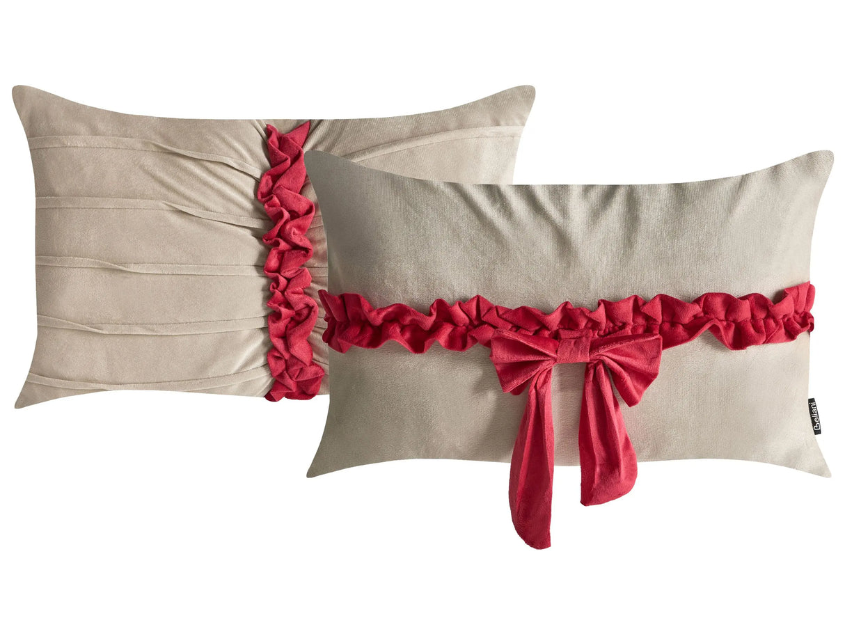 Set of 2 Scatter Cushions Beige and Red Velvet Christmas Bow Motif 50 x 30 cm Decoration Accessory Beliani
