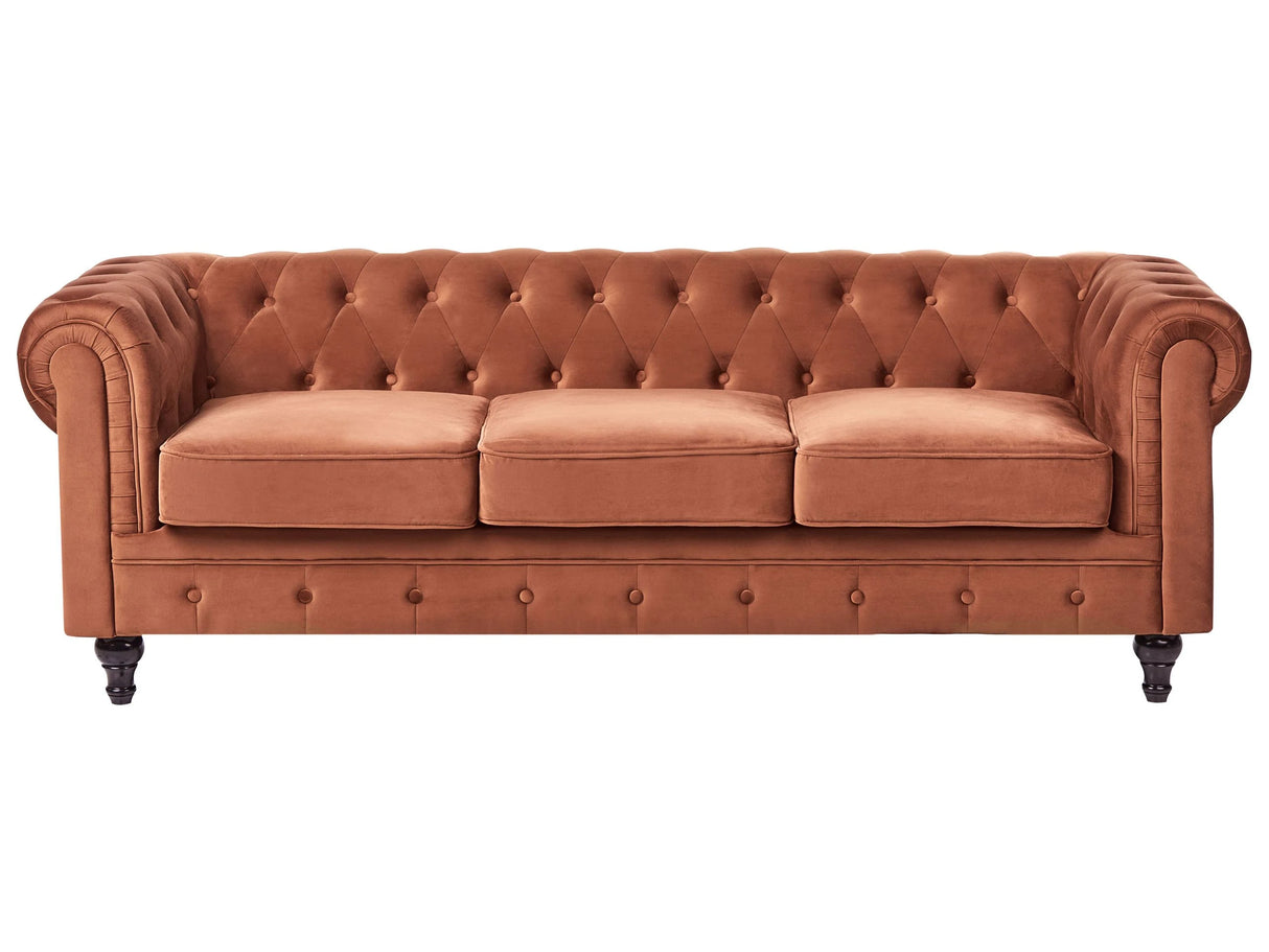 Chesterfield Sofa Golden Brown Velvet Fabric Upholstery Dark Wood Legs 3 Seater Contemporary Beliani