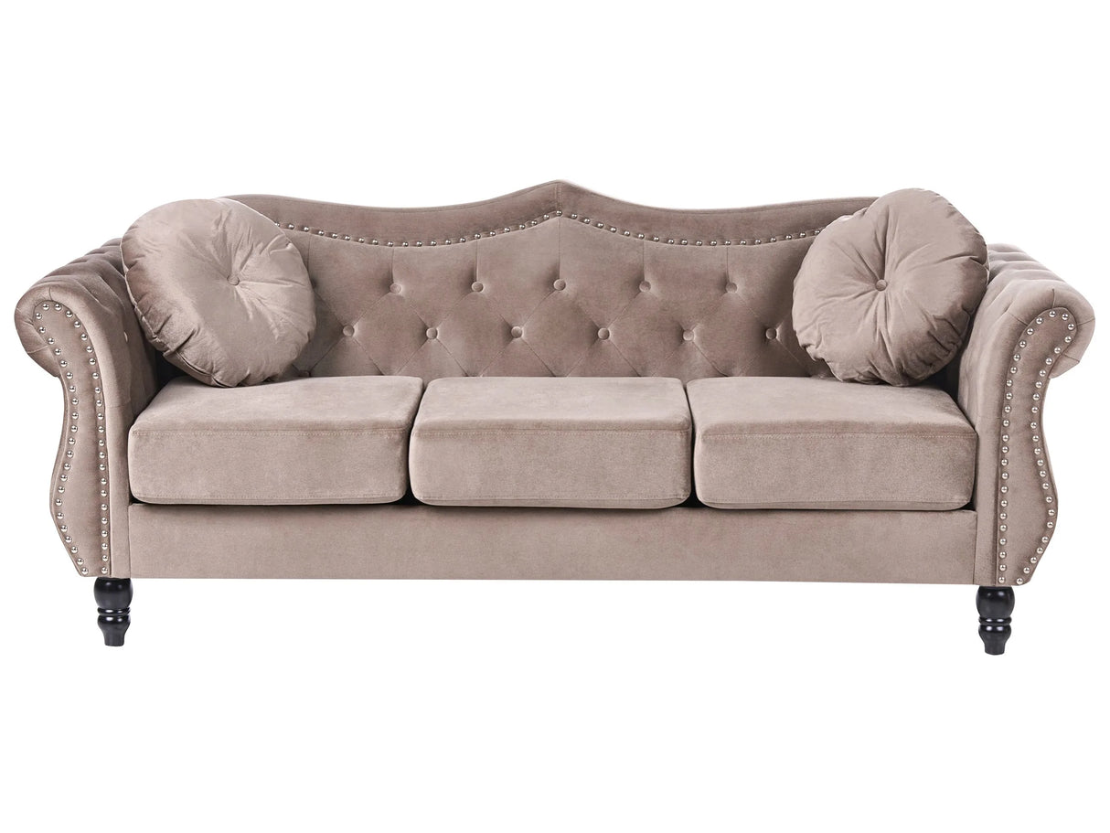 Sofa Taupe Velvet 3 Seater Nailhead Trim Button Tufted Throw Pillows Rolled Arms Glam Beliani
