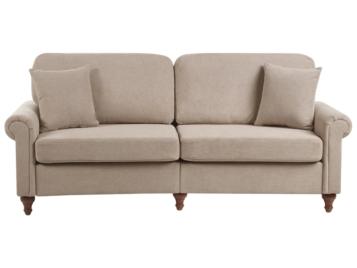 3 Seater Sofa Taupe Fabric Upholstery Scrolled Arms Wood Frame Throw Pillows Modern Living Room Beliani