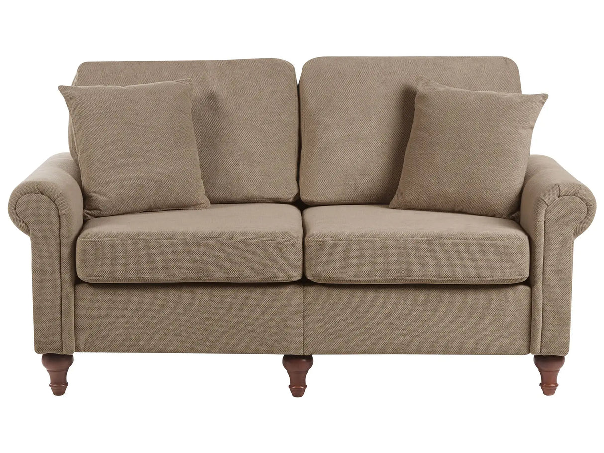 2 Seater Sofa Brown Fabric Upholstery Scrolled Arms Wood Frame Throw Pillows Modern Living Room Beliani