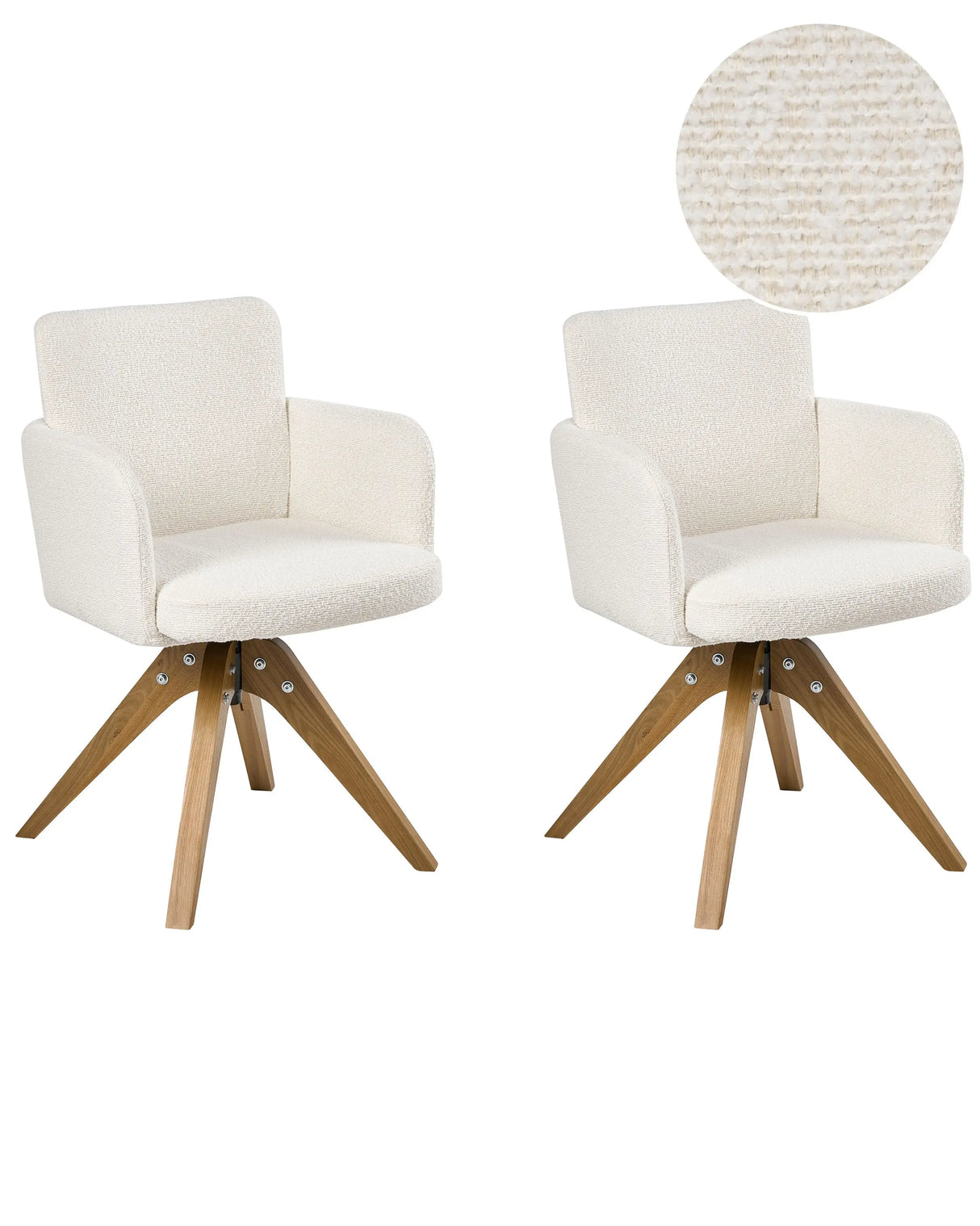 Set of 2 Boucle Swivel Dining Chairs Off-White Fabric Upholstery Metal Rotating Wooden Legs Base Beliani