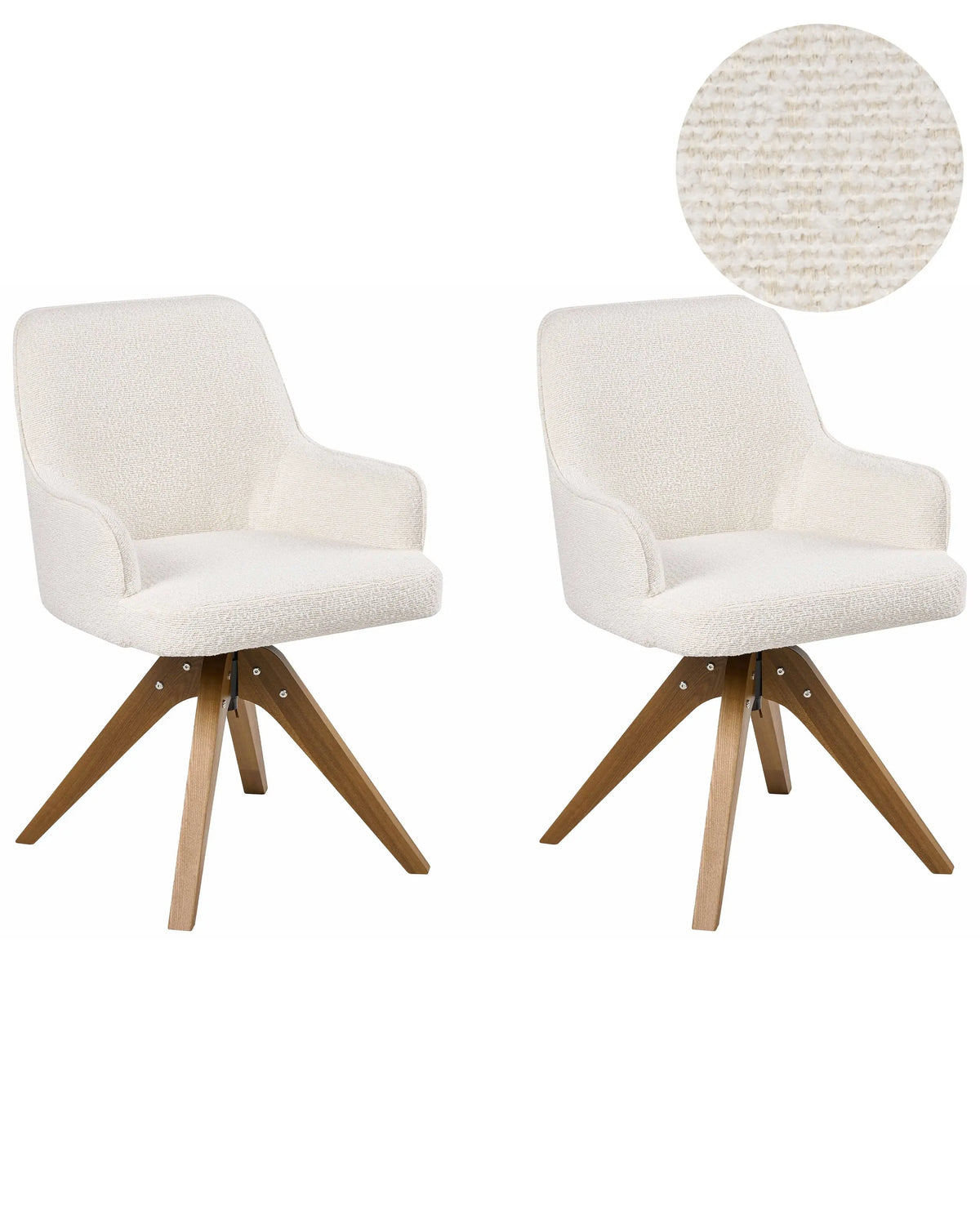Set of 2 Boucle Swivel Dining Chairs Off-White Fabric Upholstery Metal Rotating Wooden Legs Base Beliani
