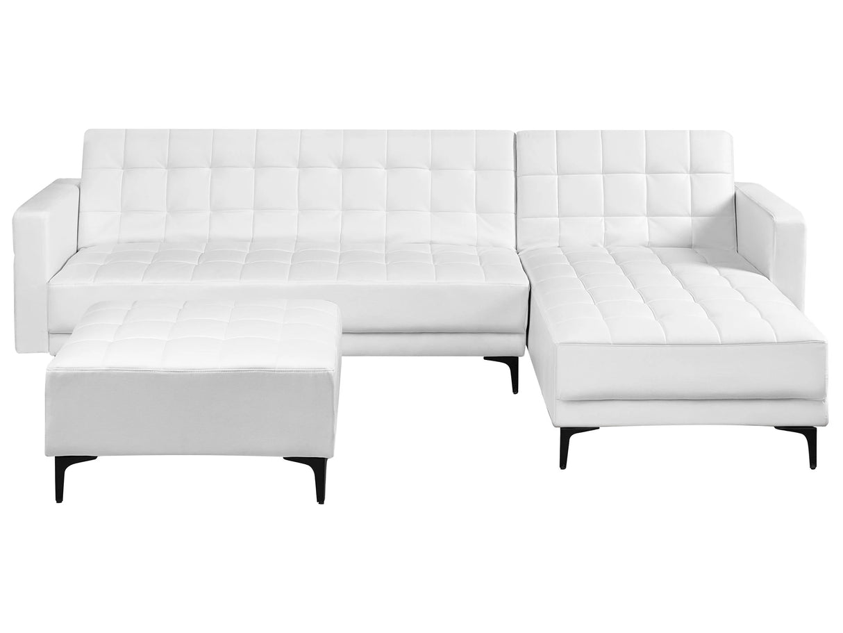 Left Hand Corner Sofa Bed White Faux Leather Tufted Modern L-Shaped Modular 4 Seater with Ottoman Chaise Longue Beliani