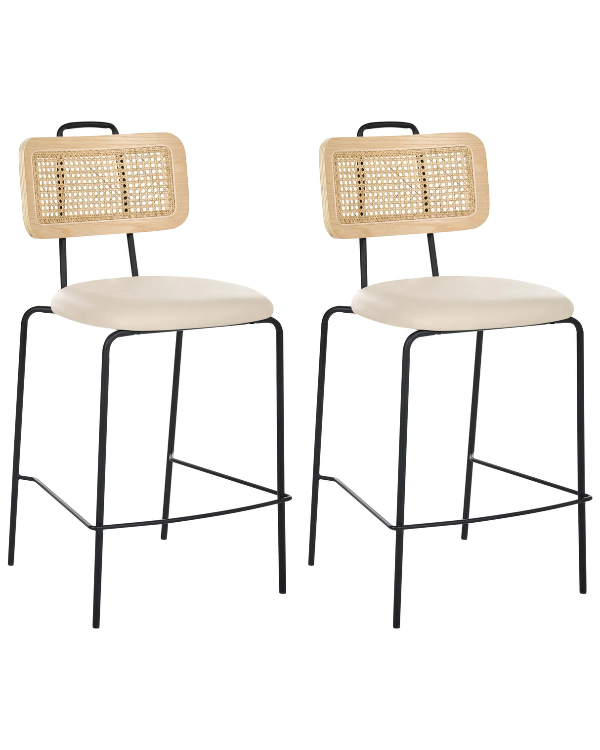 Set of 2 Bar Chairs Light Beige Faux Leather Seat PE Rattan Back Iron Legs Armless Protective Caps Modern Boho Design Beliani