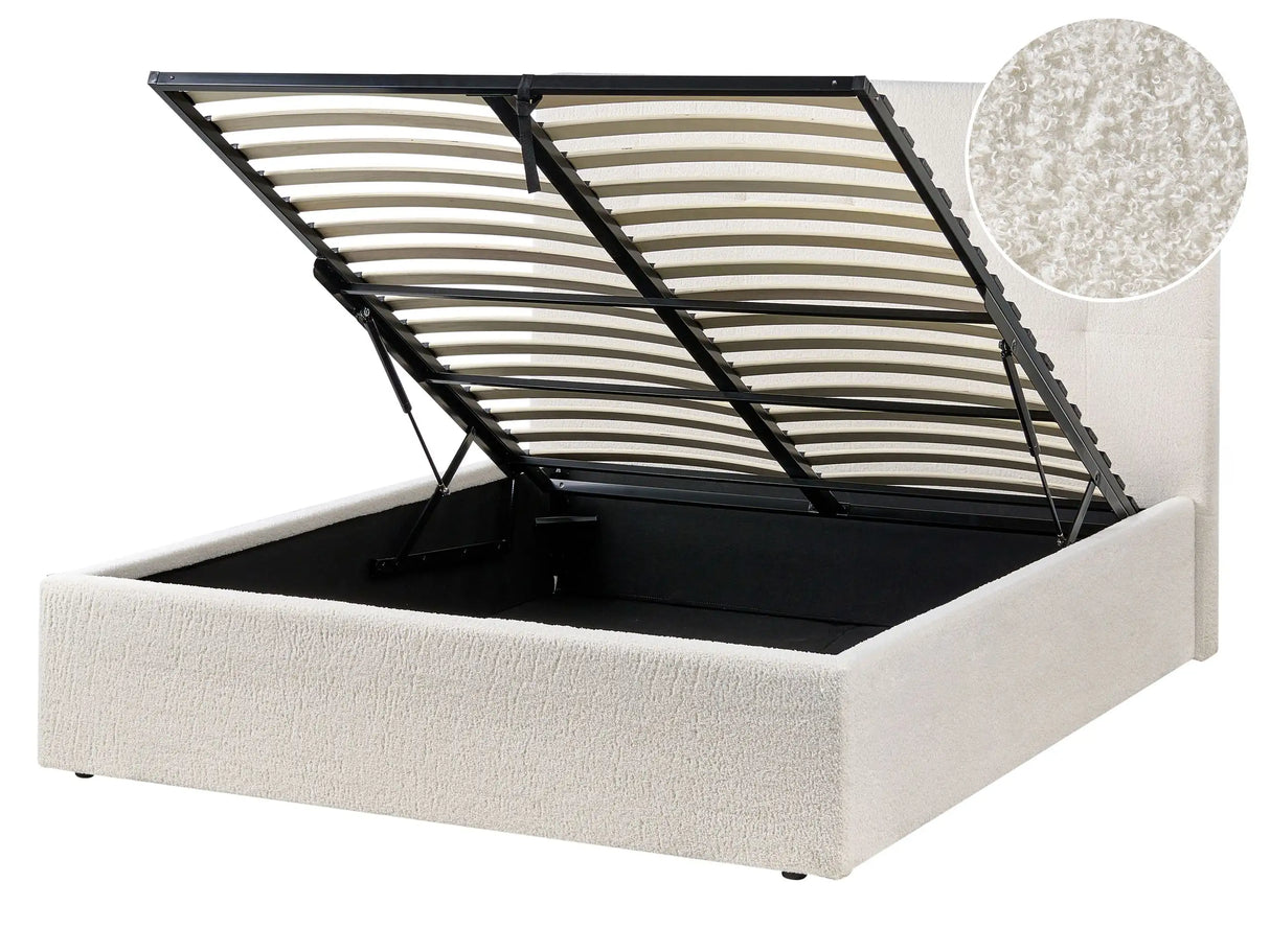 Ottoman Bed Off White Boucle Upholstery EU Double Size Headboard Storage Function Modern Design Beliani