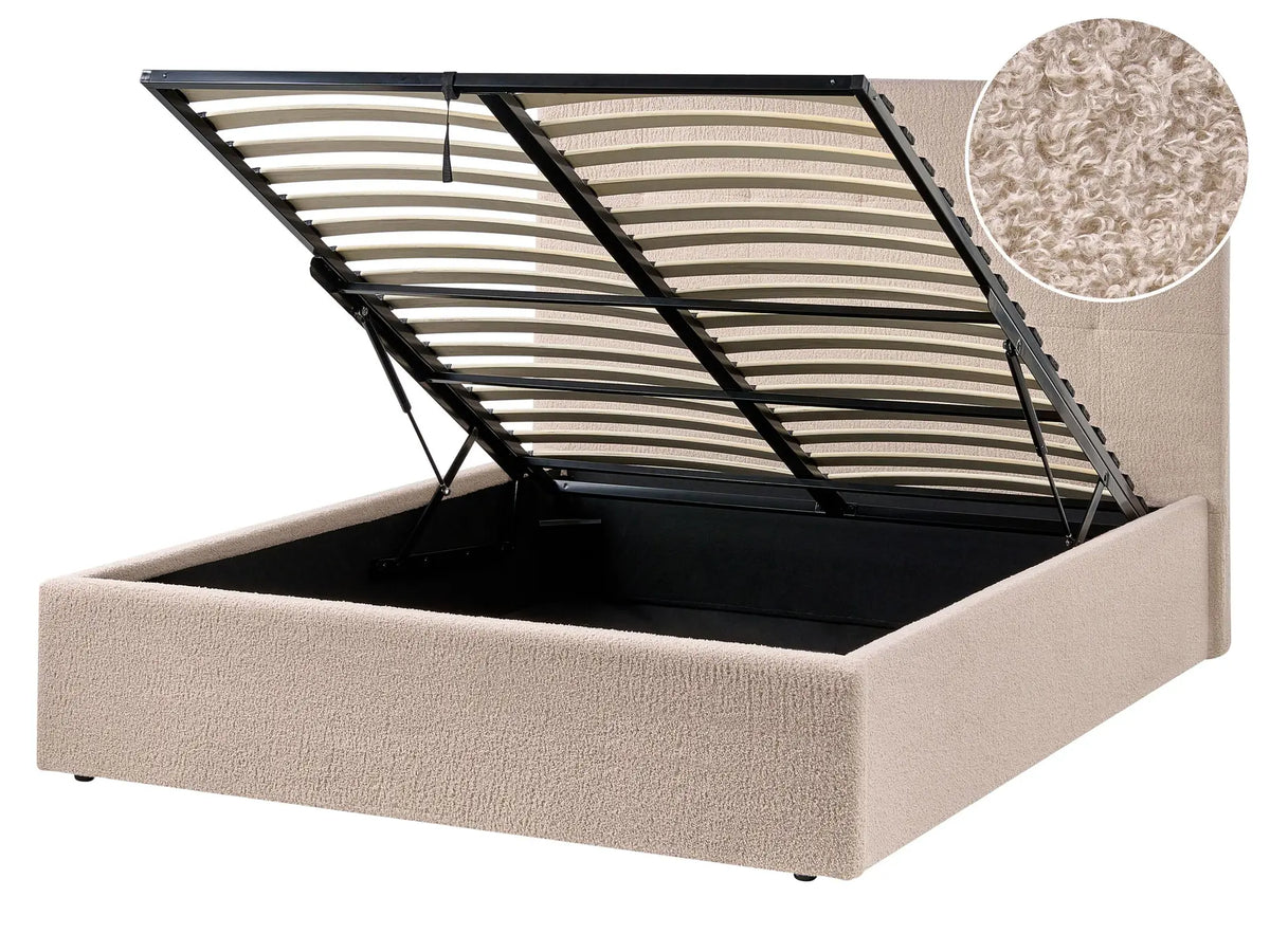 Ottoman Bed Beige Boucle Upholstery EU Double Size Headboard Storage Function Modern Design Beliani