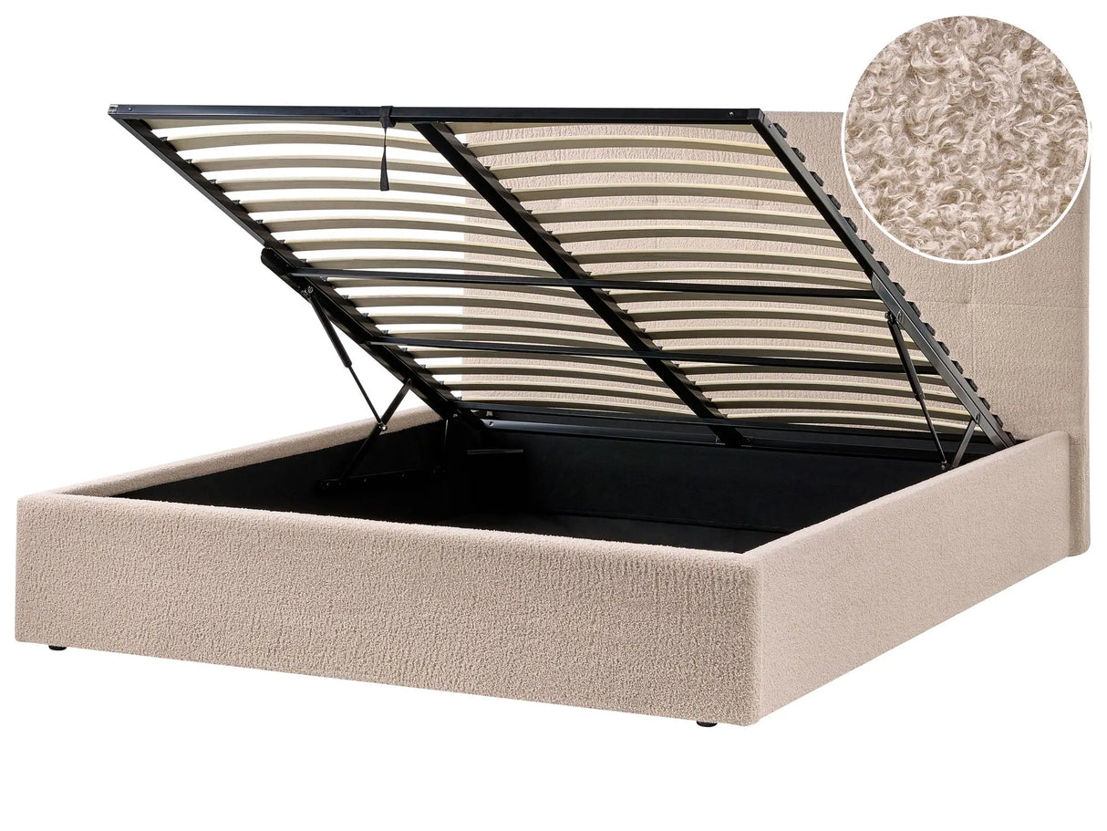 Ottoman Bed Beige Fabric Boucle Upholstery EU King Size Headboard Storage Function Modern Design Beliani