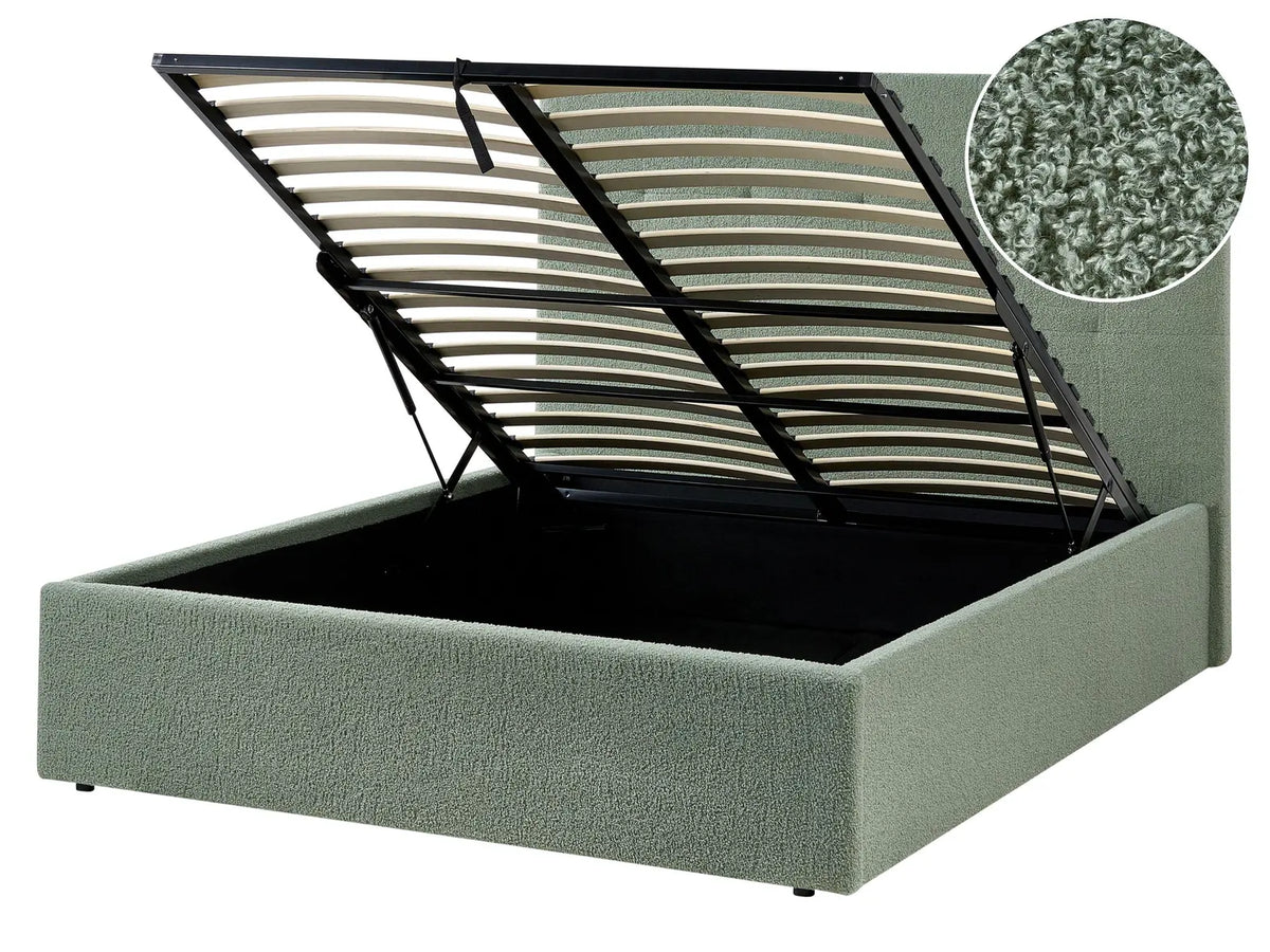 Ottoman Bed Green Boucle Upholstery EU Double Size Headboard Storage Function Modern Design Beliani