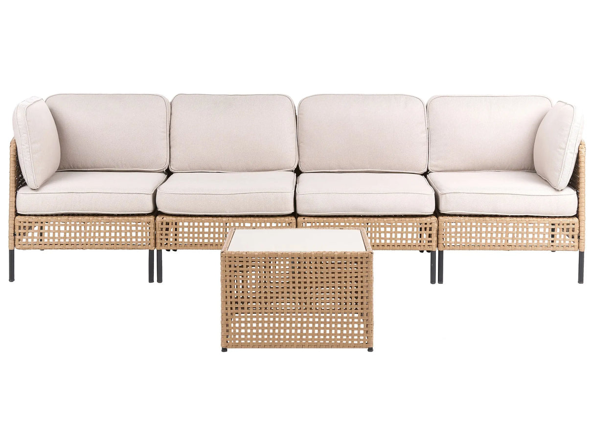 Outdoor Sofa with Coffee Table Light Beige PE Rattan 4 Seater Metal Frame with Seat Backrest Cushions Glass Tabletop Modern Style Garden Patio Terrace Beliani