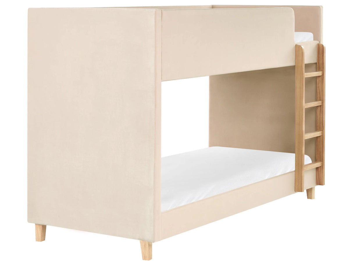 Single Size Bunk Bed Light Beige Velvet Upholstered Poplar Wood Ladder 3ft High Sleeper Children Kids Bedroom Beliani