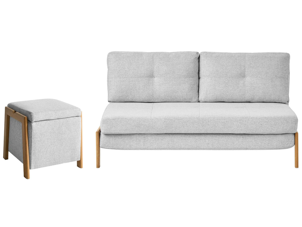 Sofa and Pouffe Set Light Grey Fabric Upholster Iron Legs Sleeping Function Additional Storage Modern Style Beliani