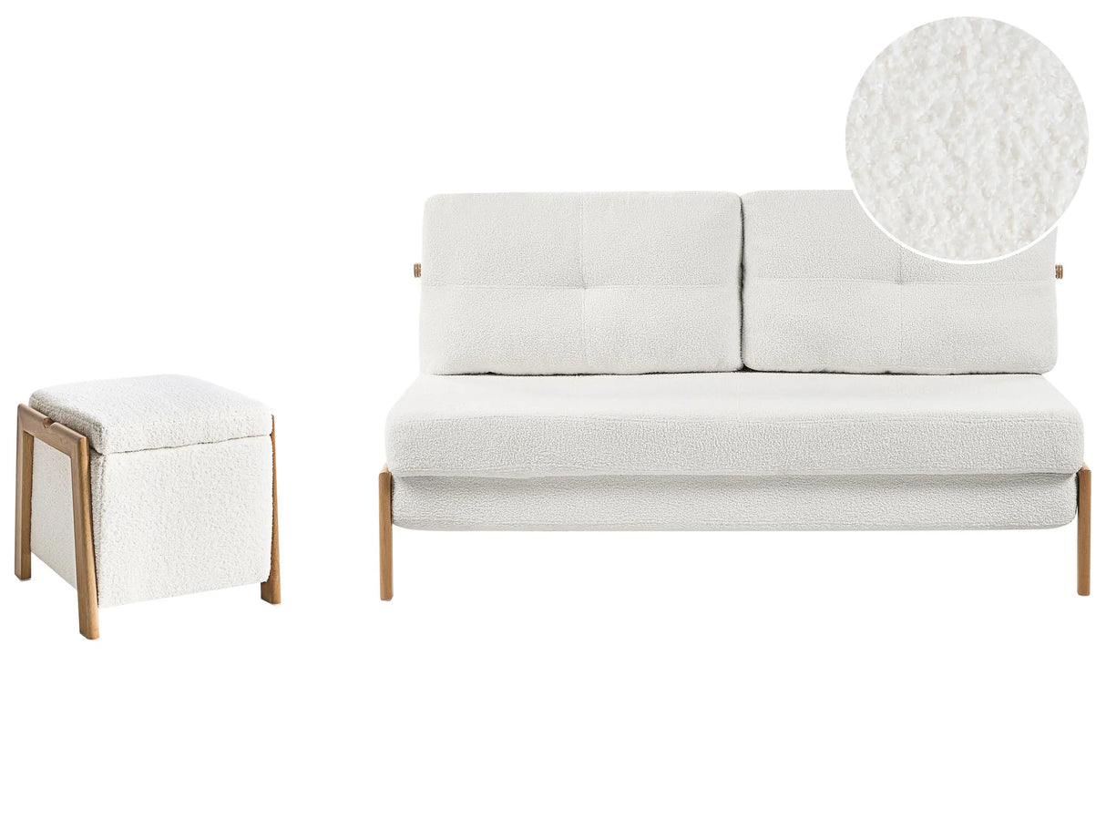 Sofa and Pouffe Set White Boucle Upholster Iron Legs Sleeping Function Additional Storage Modern Style Beliani