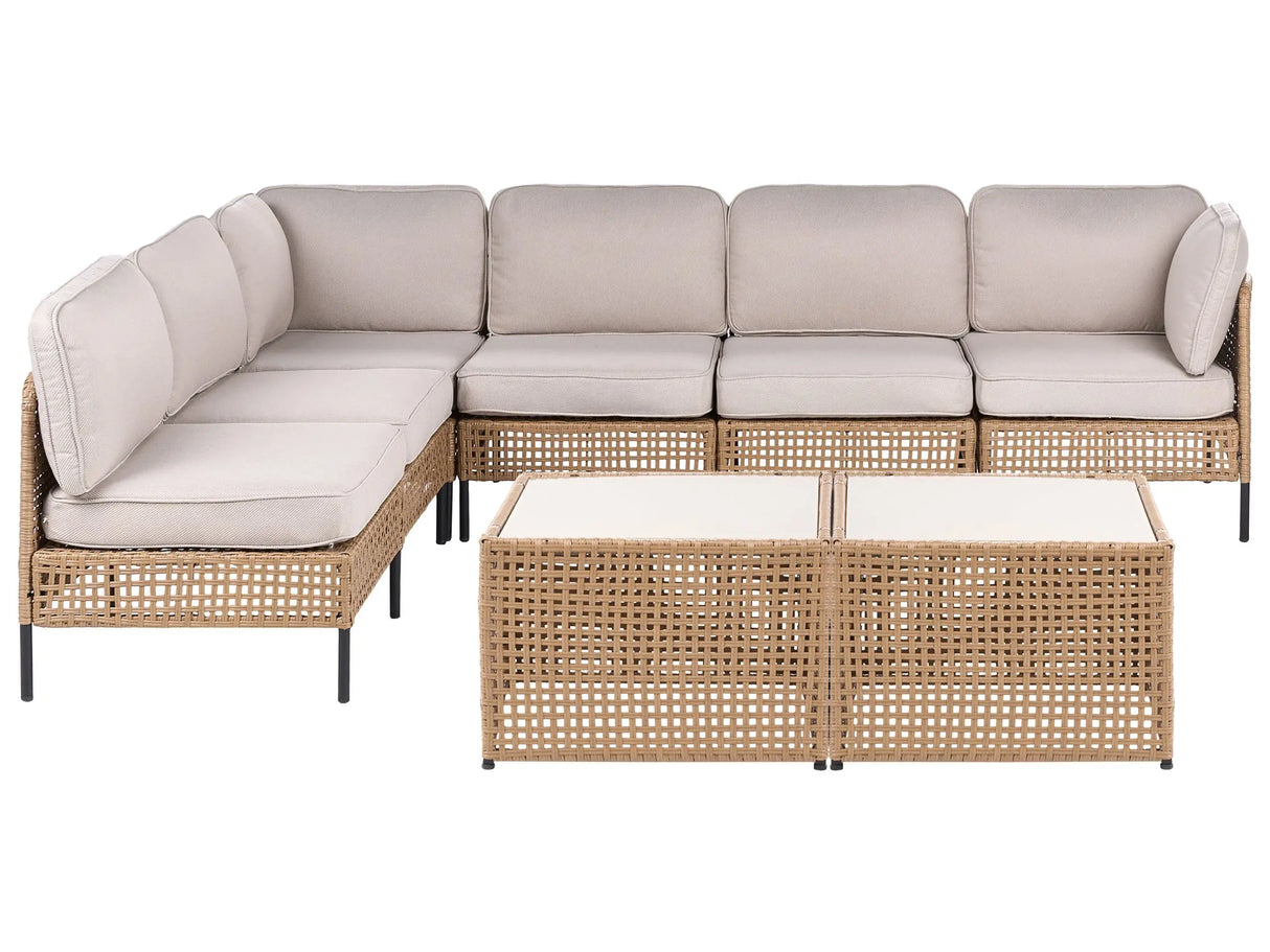 Garden Corner Sofa Light Beige PE Rattan Modular 6 Seater with Glass Coffee Table Metal Frame with Cushions Modern Style Garden Patio Terrace Beliani