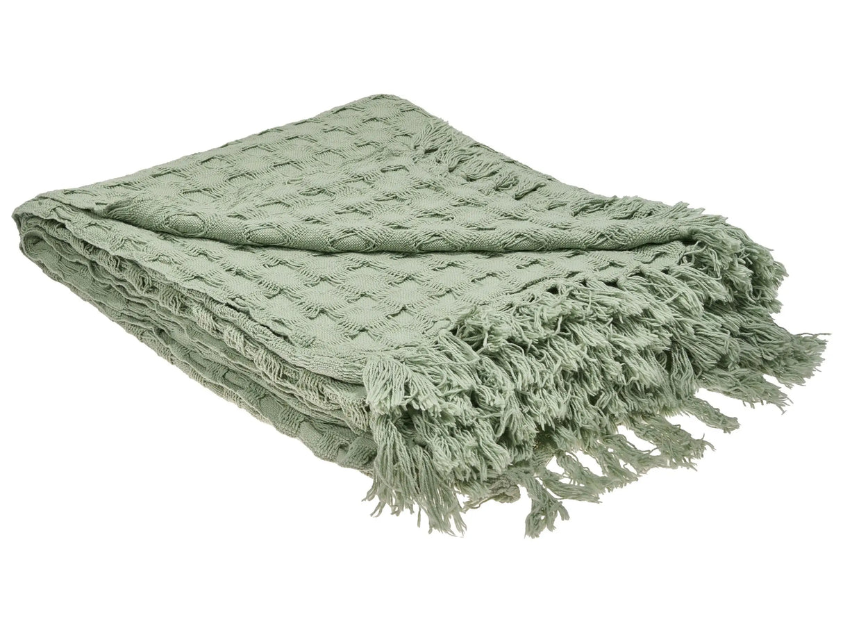 Bedspread Green Cotton Fabric 220 x 240 cm with Tassels Decorative Throw Blanket Bedding Classic Design Bedroom Beliani