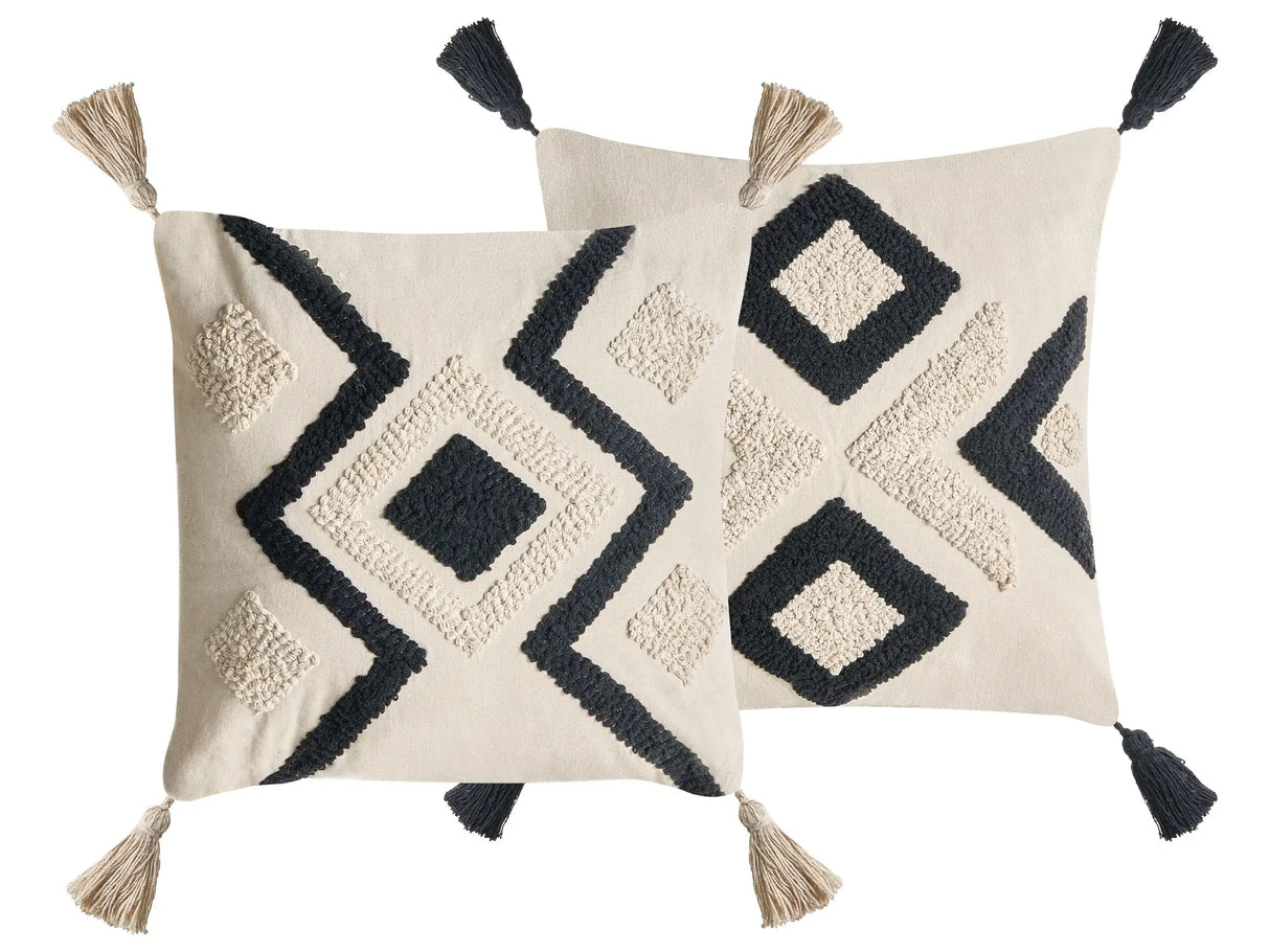 Set of 2 Scatter Cushions Beige and Black Cotton Fabric Floral Pattern 45 x 45 cm Throw Pillow Beliani